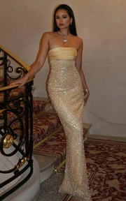 Imani strapless gold pearl beaded bodycon women’s evening dress, slim-fit long gown with gold pearls for parties and birthdays.