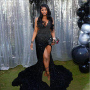 2025 Sheer Neck Luxury Black Sequin Mermaid Prom Dress With Slit