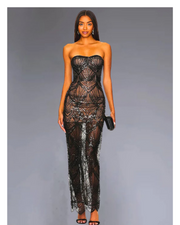 Ayanna strapless luxury sequin beaded party dress with glitter mesh patchwork – elegant sleeveless gown.