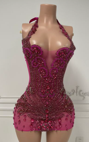 Halter birthday dress with sparkling beads, diamonds, and crystal details for parties and special occasions.