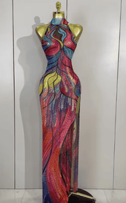 Kate Sparkly Rhinestone Floral Print High Split Mesh Maxi Dress