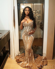 Mermaid beading strapless crystals prom dress elegant evening gown.