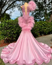 Beaded pink rhinestone satin mermaid prom dress, elegant long evening gown for women’s prom and special occasions.