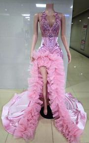 Carmela pink ruched high split rhinestone prom dress for women formal night