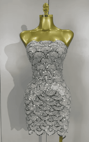 Kaycee Sparkly Silver Sequin Strapless Sheer Mesh Bodycon Mini Dress