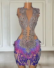 Sequin Rhinestone Beading Birthday Dress With Feathers