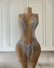 See Through Applique Sheer Neck Tassel Birthday Dress
