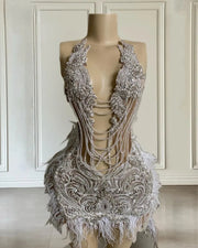 Mannequin Wearing a Luxury Crystal Feather White Mini Dress, Styled for Elegant Birthday Celebrations