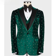 Green Velvet Beaded Men's Suit (Jacket + Pants + Vest )