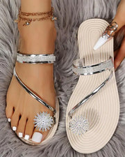 Rhinestone Floral Pattern Toe Ring Beach Flip Flops - Envious Designs