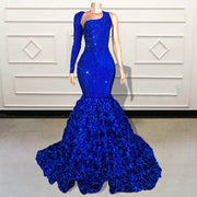 Glitter Beaded Mermaid Long Prom Dress Blue Single Full Sleeve