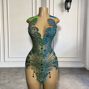 Mannequin Wearing a Two Toned Diamond Short Mini Birthday Dress with Crystal Embellishments and Bold Color Contrast, Styled for Luxe Celebrations