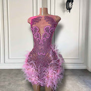 Luxury Crystal Mini Dress with Halter Neck and Feather Details for Birthday Celebrations