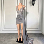 Velvet V-neck Sheer Beaded Birthday Dress