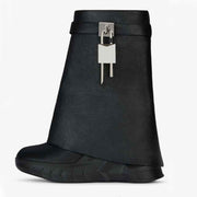 Round Toe Lock Buckle Platform Shark Boots Woman Winter Black Slip-On Trouser Boot Female White Fashion Shoes for Women