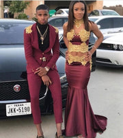 Sexy Two Piece Burgundy Mermaid Prom Dress With Gold Lace Appliques
