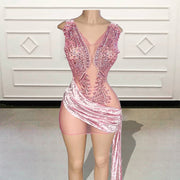 Crystal Beaded V Neck Sexy See Through Birthday Dress
