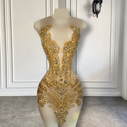 Sexy Sheer See Through Golden Luxury Beaded Crystals Birthday Dress
