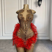 Mannequin Wearing a Gold Diamond Red Feather Mini Birthday Dress with Sparkling Embellishments and Feather Trim, Styled for Glamorous Celebrations
