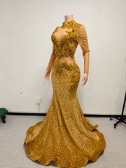 Envious Designs gold crystals cut-out luxury mermaid sequin prom dress for prom and formal evening styling