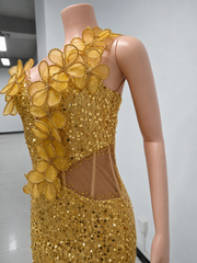 Envious Designs gorgeous gold sequin embellished 3D flower prom dress for prom and formal evening styling