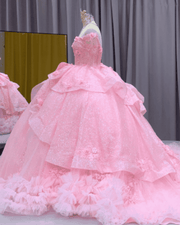 Baby pink off-shoulder feather trim ball gown quinceañera dress with 3D floral appliques