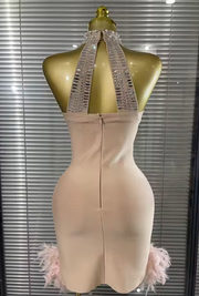 Laila crystal feather halter off-shoulder bodycon mini bandage dress