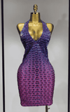 Yesha sexy rhinestone halter bodycon dress with gradient sparkle, V neck and backless design. Perfect for birthdays, parties, and stage looks.
