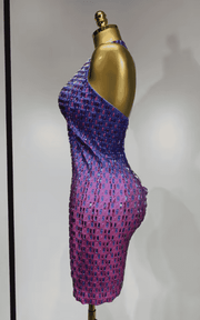 Yesha sexy rhinestone halter bodycon dress with gradient sparkle, V neck and backless design. Perfect for birthdays, parties, and stage looks.