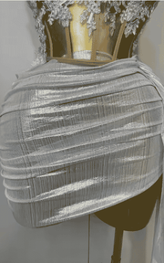 Amaris sparkly silver sequin two piece dress set. Strapless sexy short outfit for birthdays, parties, club nights, and evening events.
