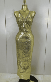 Zoe sexy shiny sequin long dress with diamond chain straps. Elegant luxury outfit for birthdays, evening parties, and club nights.
