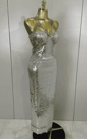 Zoe sexy shiny sequin long dress with diamond chain straps. Elegant luxury outfit for birthdays, evening parties, and club nights.