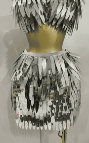 Abigail shiny mirror two piece stage costume set for women. Sexy party outfit for birthdays, nightclub, evening events, and performances.