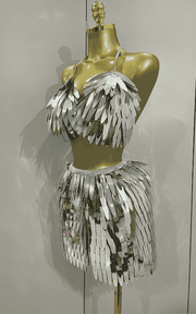 Abigail shiny mirror two piece stage costume set for women. Sexy party outfit for birthdays, nightclub, evening events, and performances.