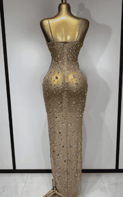 Elle rhinestone mesh see through bodycon dress for women. Sexy luxury outfit for birthdays, cocktail parties, club nights, and stage wear.