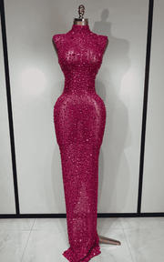 Michelle sparkly rhinestone mesh long dress for women. Elegant sleeveless gown for prom, birthdays, evening parties, and luxury events.