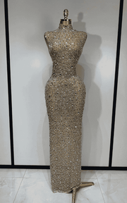 Michelle sparkly rhinestone mesh long dress for women. Elegant sleeveless gown for prom, birthdays, evening parties, and luxury events.