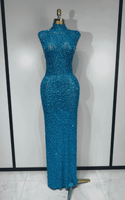 Michelle sparkly rhinestone mesh long dress for women. Elegant sleeveless gown for prom, birthdays, evening parties, and luxury events.