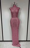 Michelle sparkly rhinestone mesh long dress for women. Elegant sleeveless gown for prom, birthdays, evening parties, and luxury events.