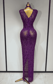 Michelle sparkly rhinestone mesh long dress for women. Elegant sleeveless gown for prom, birthdays, evening parties, and luxury events.