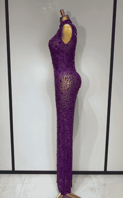 Michelle sparkly rhinestone mesh long dress for women. Elegant sleeveless gown for prom, birthdays, evening parties, and luxury events.