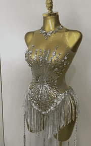 Stacy silver sequin diamond mesh tassel bodysuit for women. Sexy outfit for nightclub, birthday parties, and stage performance wear.