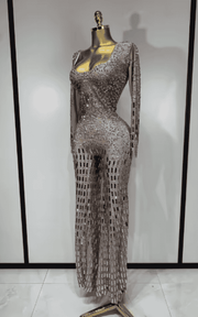 Eniko Shiny Silver Sequin Diamond Performance Jumpsuit