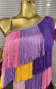 Maxie colorful tassel bodycon mini dress for women. Sexy one shoulder outfit for nightclub, Latin dance, birthday party, and stage wear.