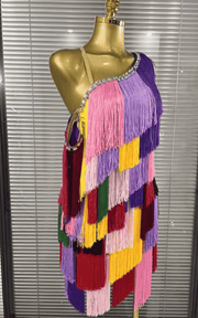 Maxie colorful tassel bodycon mini dress for women. Sexy one shoulder outfit for nightclub, Latin dance, birthday party, and stage wear.