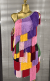 Maxie colorful tassel bodycon mini dress for women. Sexy one shoulder outfit for nightclub, Latin dance, birthday party, and stage wear.