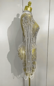 Abi luxury diamond pearl mesh mini dress for women. Elegant stretch party dress for prom, birthdays, and evening celebrations.