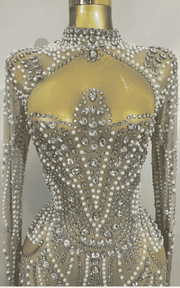 Abi Luxury Diamond Pearl Mesh Stretch Mini Dress