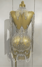 Abi Luxury Diamond Pearl Mesh Stretch Mini Dress