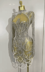 Abi Luxury Diamond Pearl Mesh Stretch Mini Dress